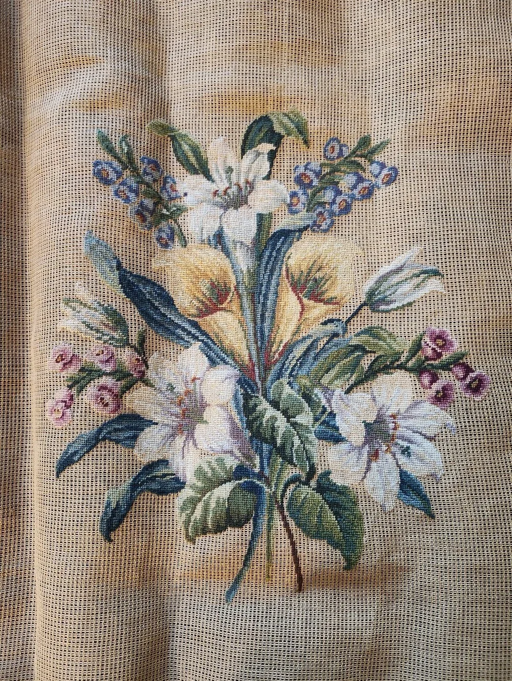 Handcrafted Floral Embroidery Wall Decor in Cream and Green Unframed